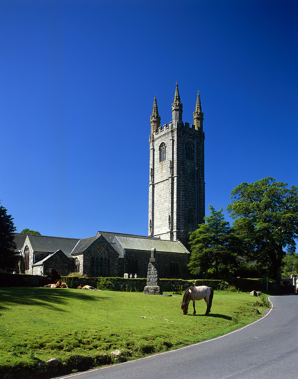 #020649-2 - Grazing Horse & Church, Widecombe-in-the-Moor, Dartmoor, Devon, England