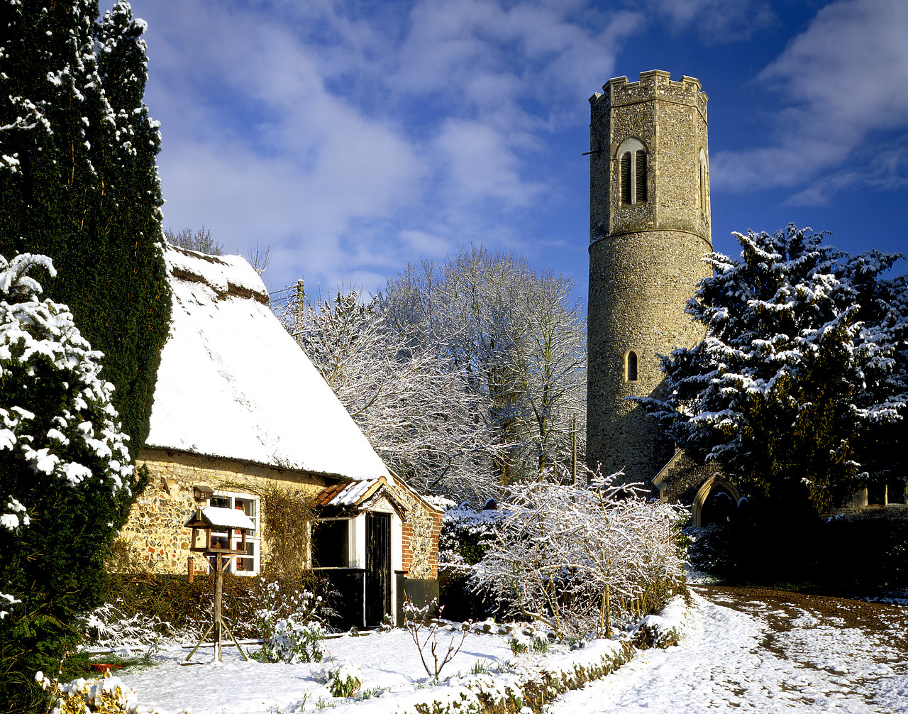 #040059-3 - Cottage & Church in Winter, Intwood, Norfolk, England