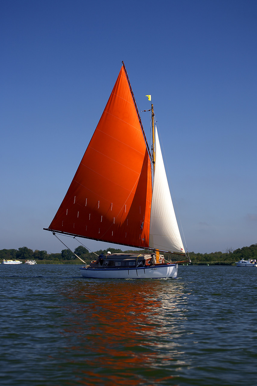 #060207-2 - Red Sailboat on Barton Broad, Norfolk Broads National Park, Norfolk, East Anglia, England