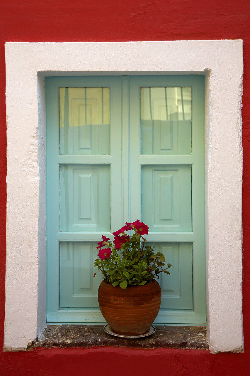 #060255-1 - Flower Pot in Window, Oia, Santorini, Greece