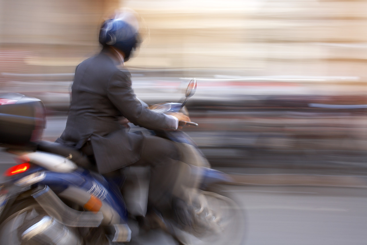 #060422-2 - Panned Image of Business Man on Motorbike, Rome, Italy