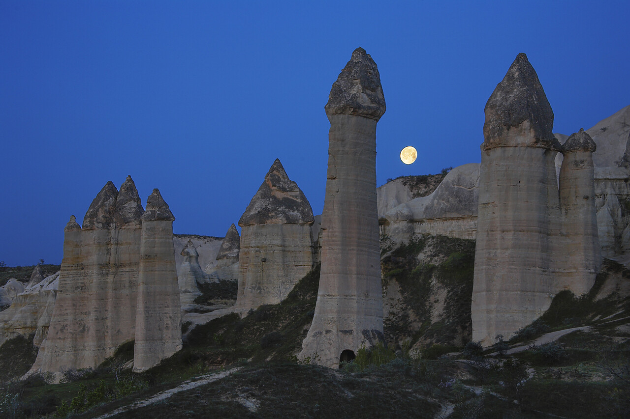 #070198-1 - Moon over Fairy Chimneys in Honey Valley, near Goreme, Cappadocia, Turkey