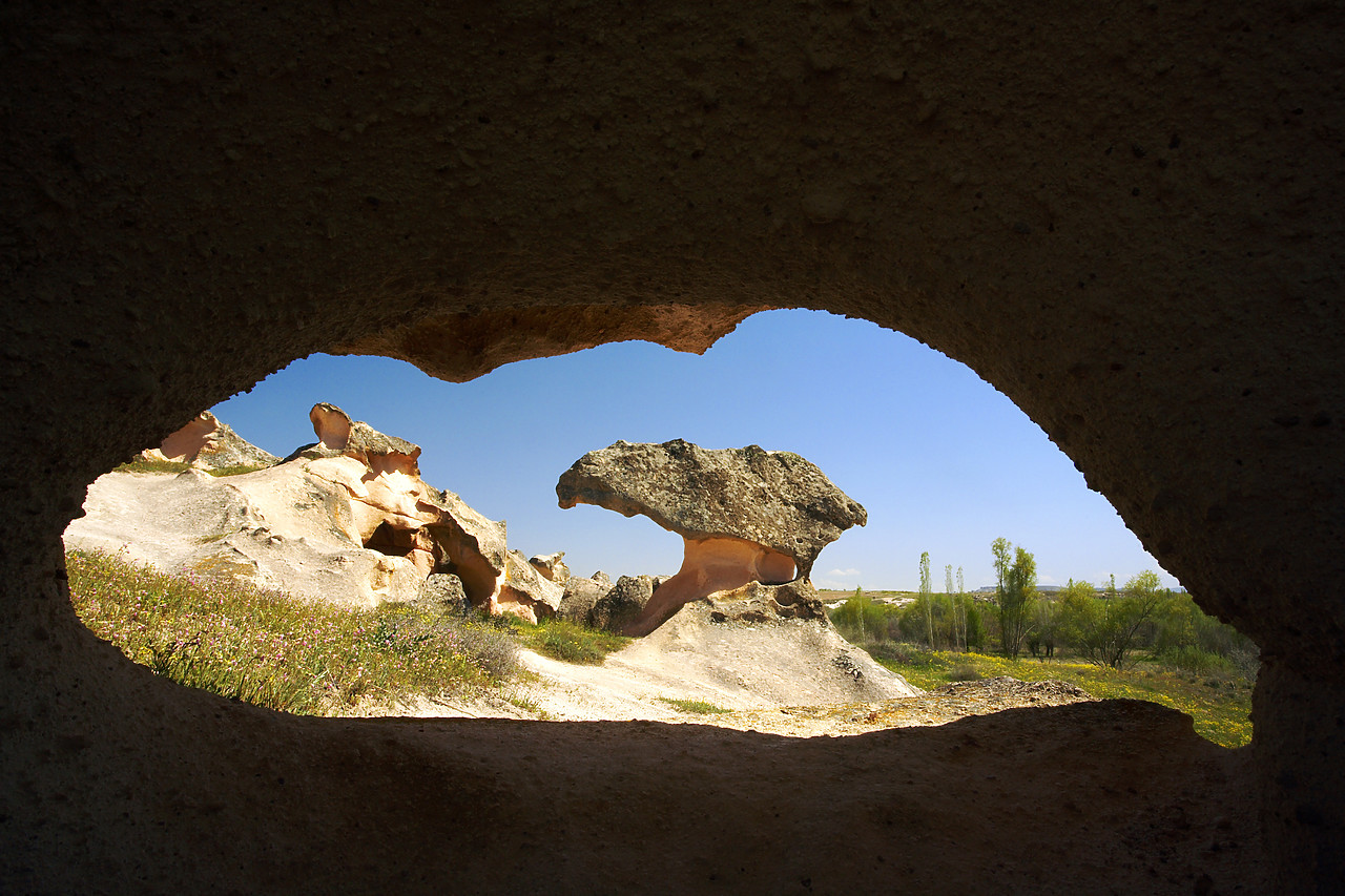 #070236-1 - Cave Framing Mushroom Rock Formation, near Gulsehir, Cappadocia, Turkey