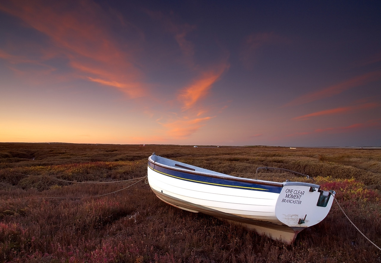 #070428-1 - Boat on Marshes at Sunset, Brancaster, Norfolk, England