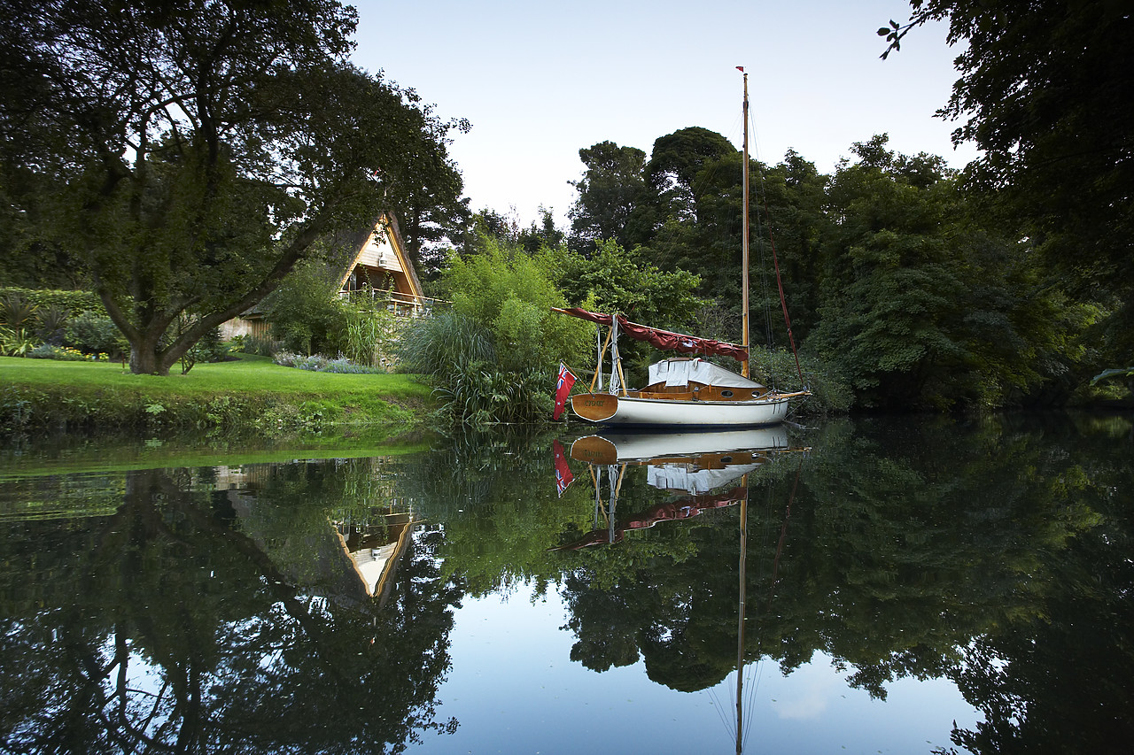 #080258-1 - Thatched Cottage & Sailboat Reflections, Trowse, Norfolk, England