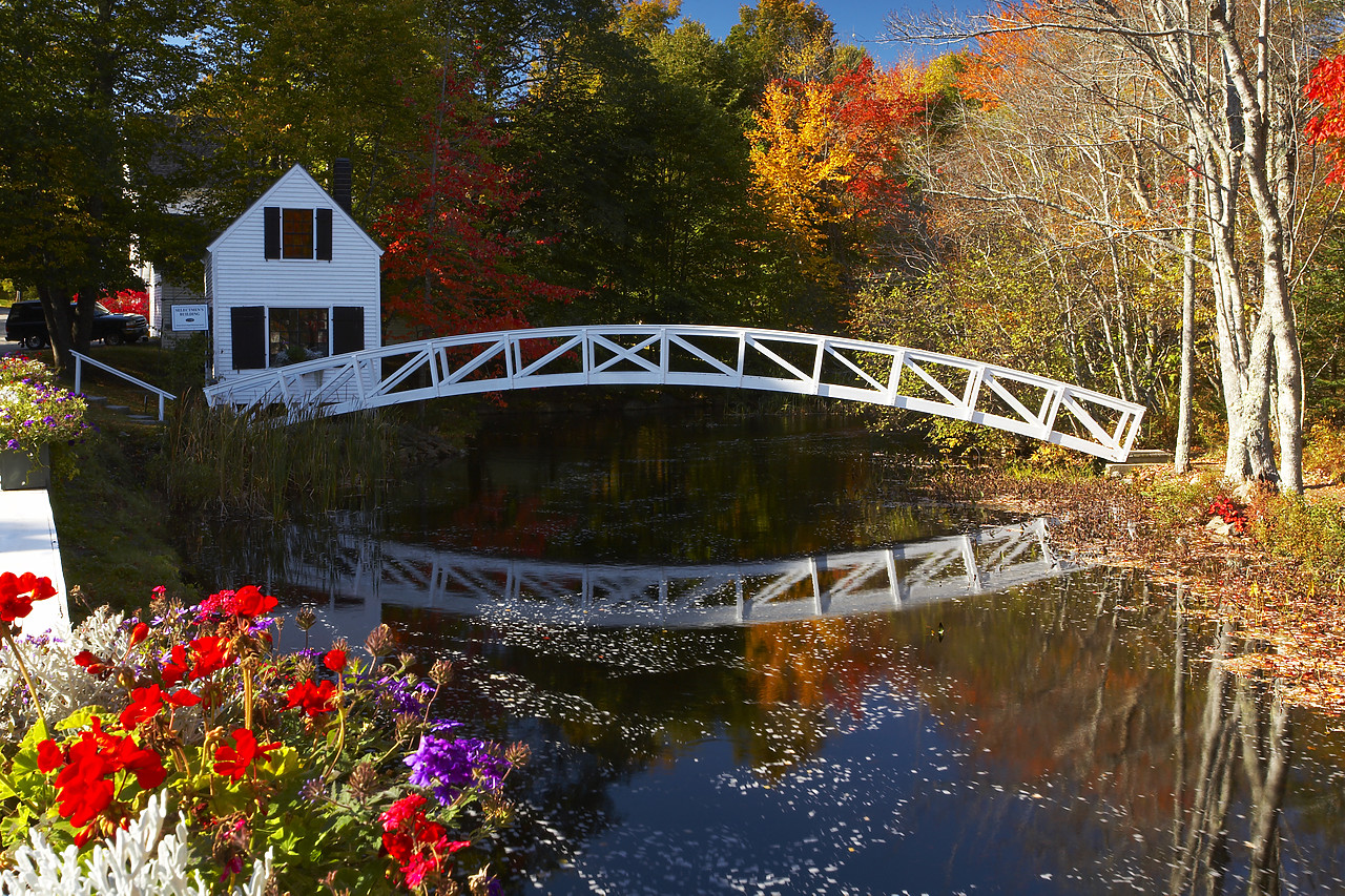 #080300-1 - Cottage & Bridge in Autumn, Somesville, Maine, USA