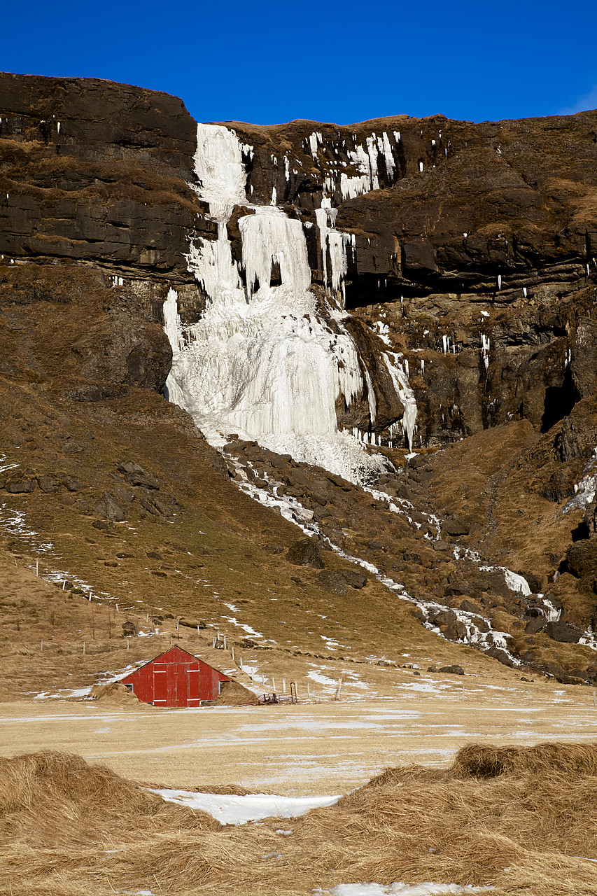 #100119-2 - Red Barn & Frozen Waterfall, Iceland