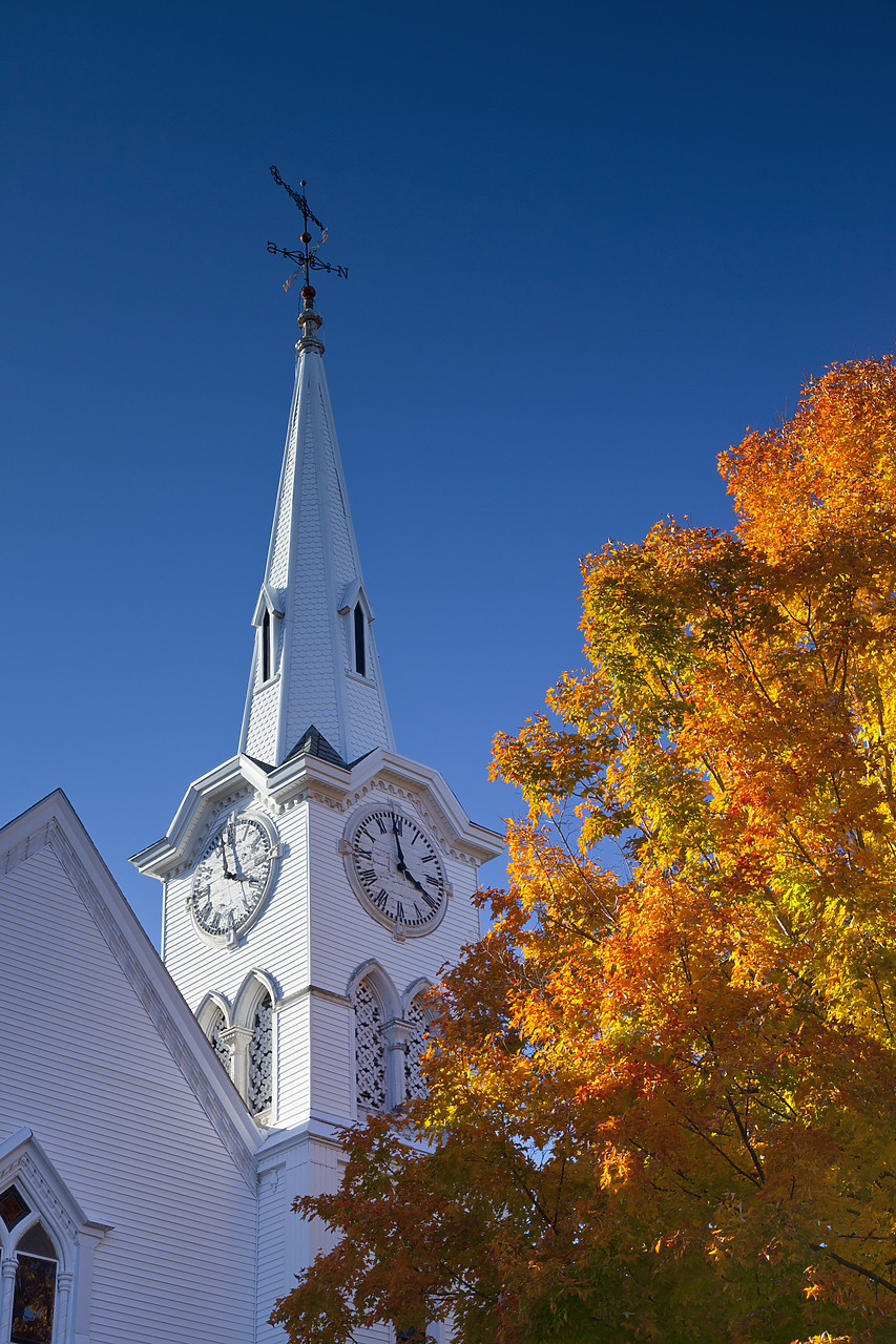 #100433-1 - Church Clock Tower & Autumn Tree, New Hampshire, USA