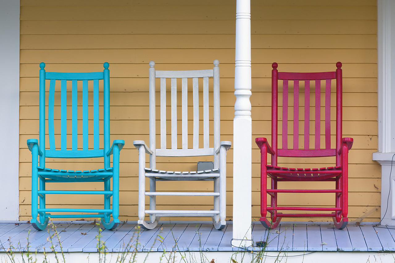 #100482-1 - Red, White & Blue Rocking Chairs on Porch, Cape Ann, Massachusetts, USA