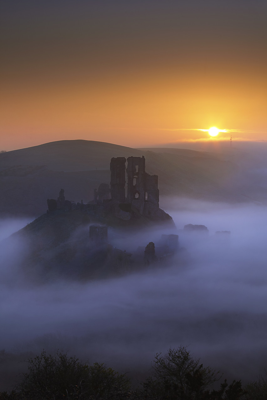 #110045-1 - Mist below Corfe Castle at Sunrise, Dorset, England