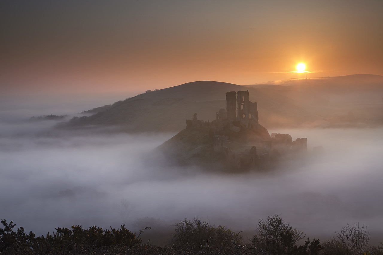#110046-1 - Mist below Corfe Castle at Sunrise, Dorset, England
