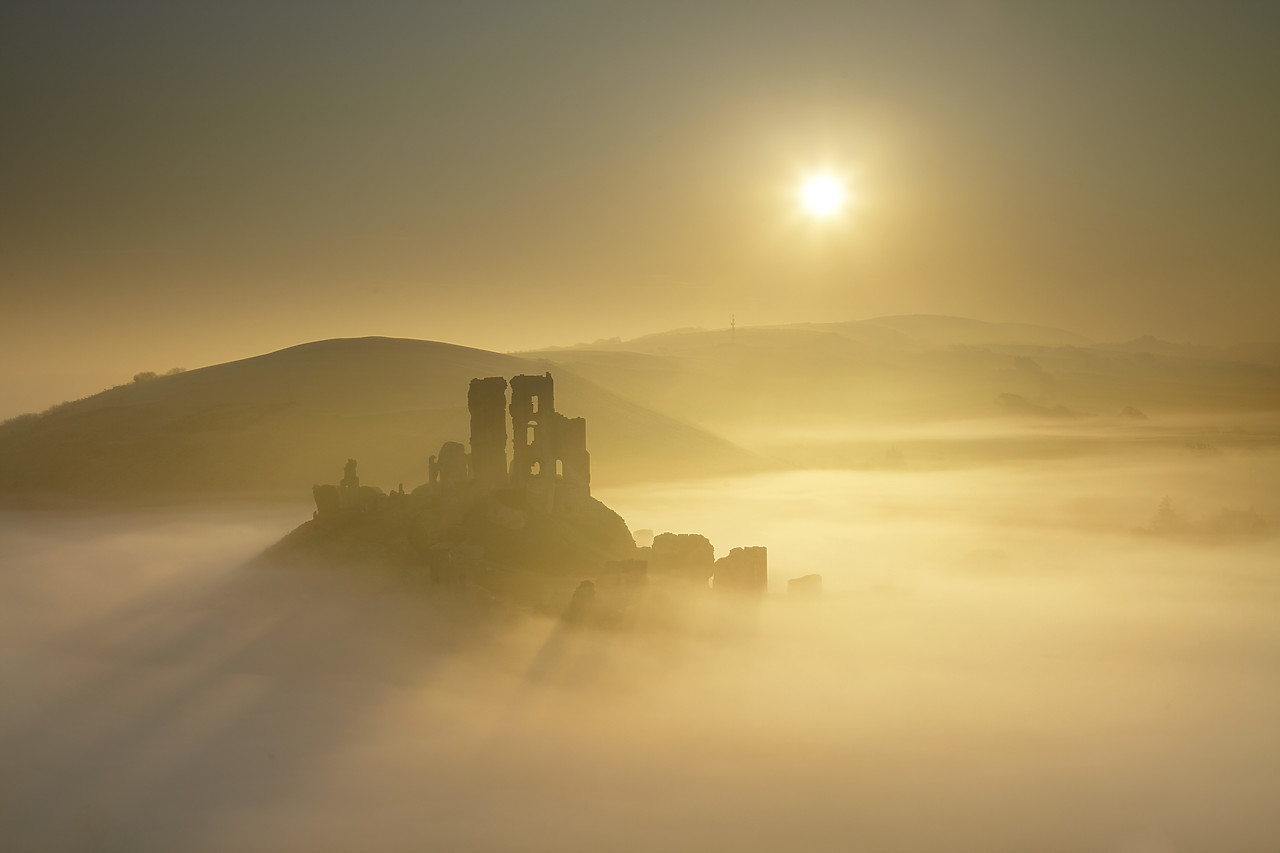#110047-1 - Mist below Corfe Castle at Sunrise, Dorset, England