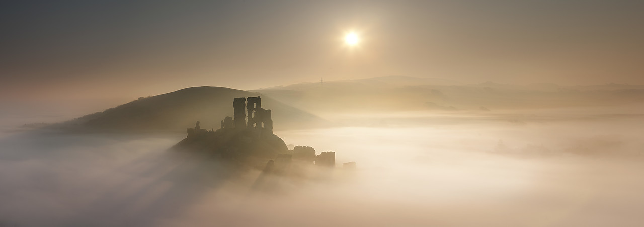 #110048-1 - Mist below Corfe Castle at Sunrise, Dorset, England