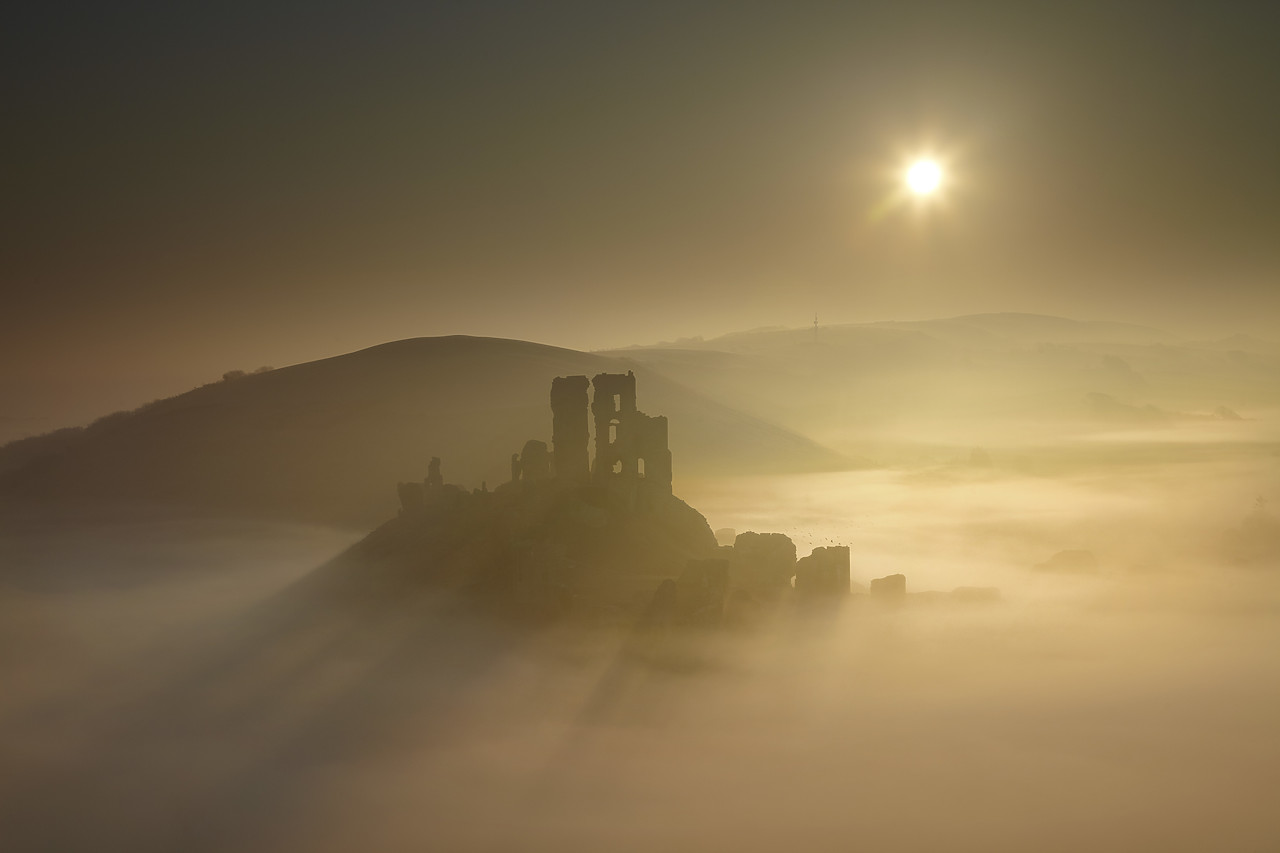 #110049-1 - Mist below Corfe Castle at Sunrise, Dorset, England