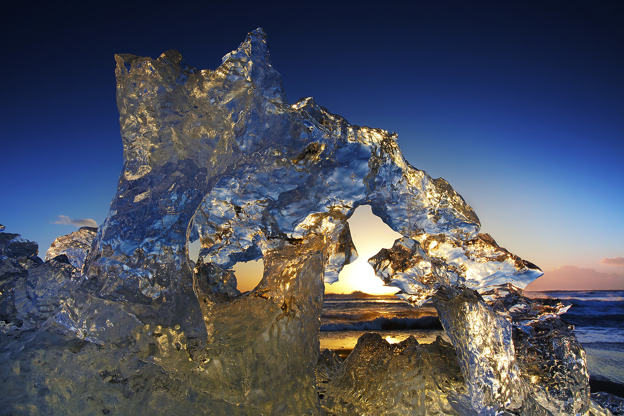 #110108-1 - Iceberg Sculpture at Sunrise, Jokulsarlon Beach, Iceland