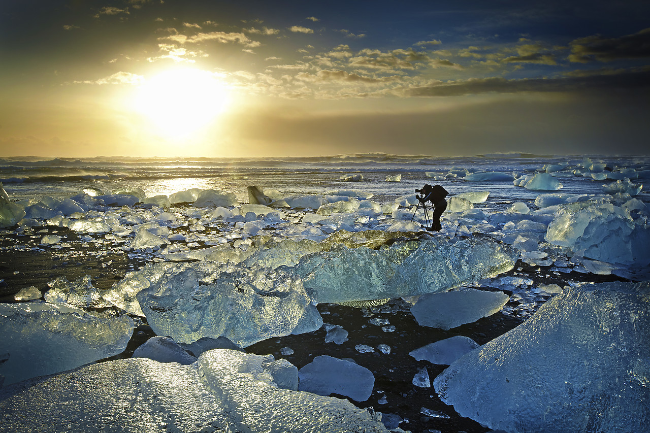 #110110-1 - Photographer on Jokulsarlon Beach at Sunrise, Iceland