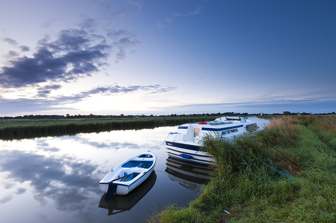 #110205-1 - Early Morning Reflections with Cruiser, River Thurne, Norfolk Broads National Park, England