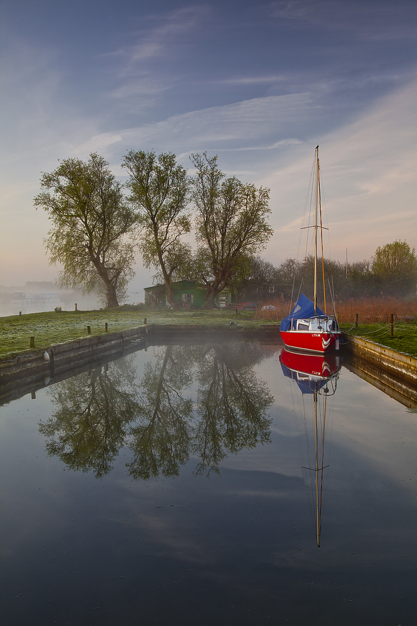 #110227-1 - Red Sailboat & Tree Reflections, Norfolk Broads National Park, England