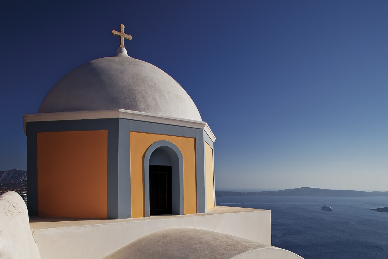 #110258-1 - Church Dome overlooking Sea, Fira, Santorini, Cyclade Islands, Greece