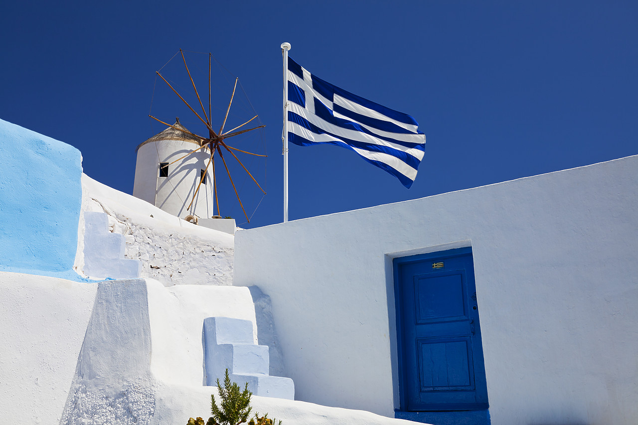 #110283-1 - Windmill & Greek Flag, Oia, Santorini, Cyclade Islands, Greece