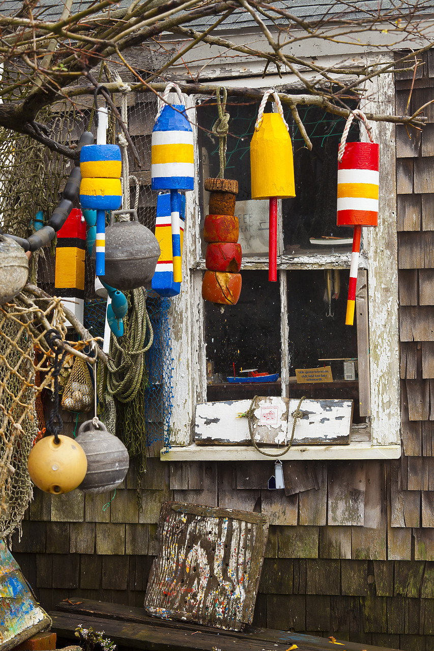 #110325-1 - Lobster Bouys & Window, Rockport Harbor, Massachusetts, USA