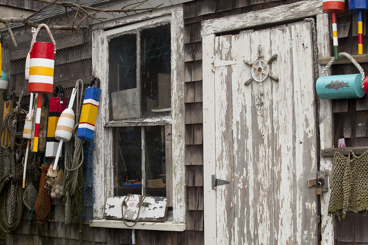 #110327-1 - Lobster Bouys & Window, Rockport Harbor, Massachusetts, USA