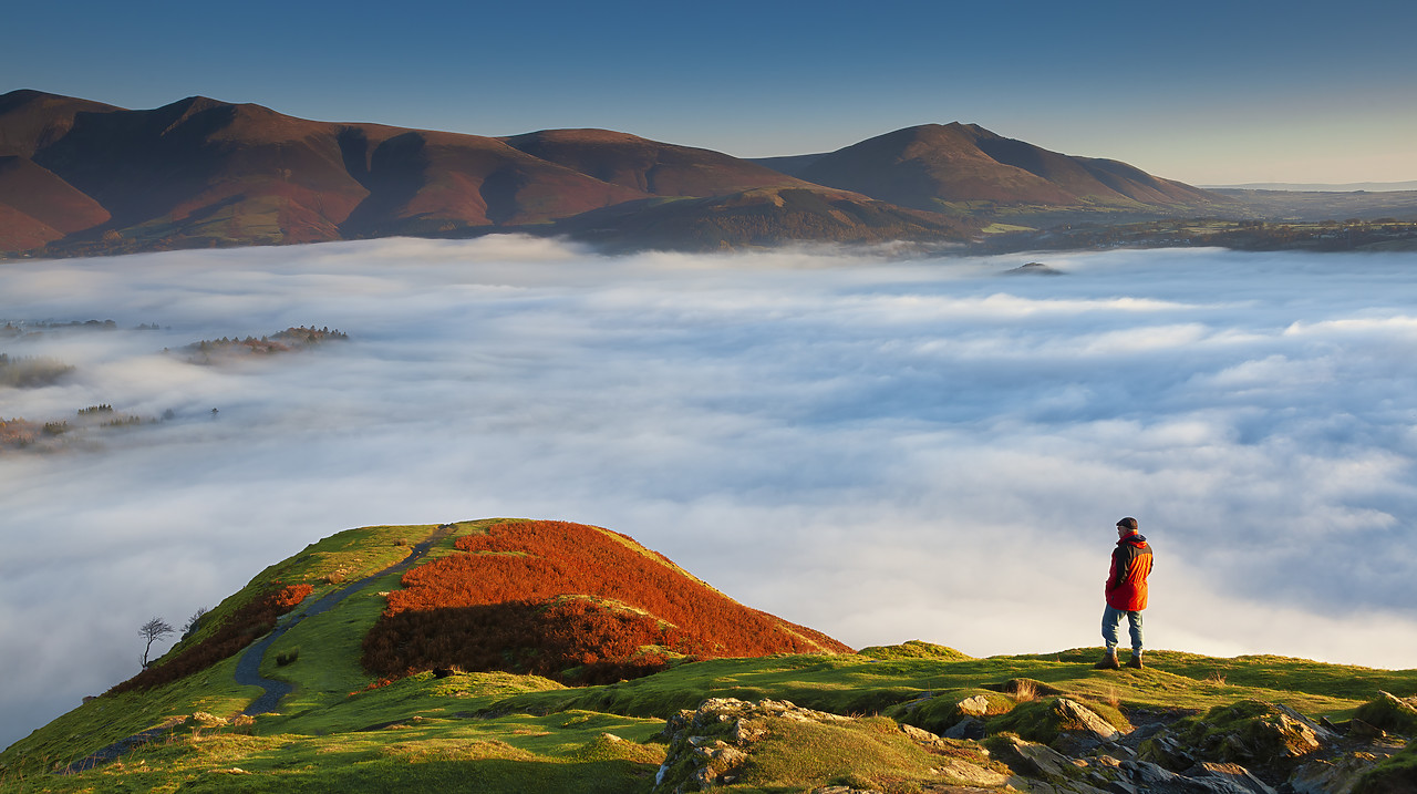 #110370-2 - Hiker overlooking Low Cloud from Catbells, Lake District National Park, Cumbria, England