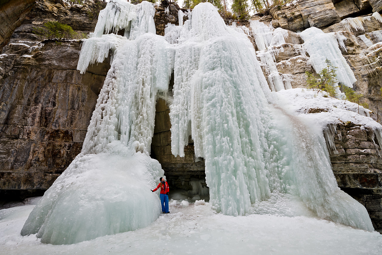 #130054-1 - Frozen Waterfall & Woman, Maligne Canyon, Jasper National Park, Alberta, Canada