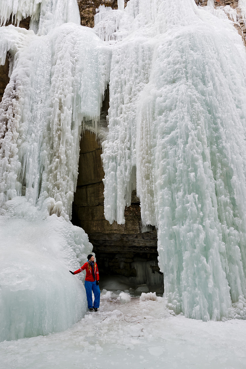 #130054-2 - Frozen Waterfall & Woman, Maligne Canyon, Jasper National Park, Alberta, Canada