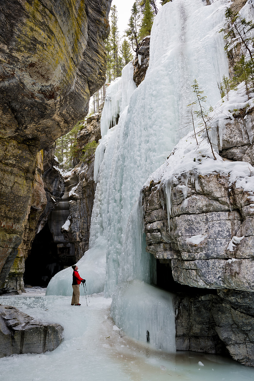 #130055-1 - Frozen Waterfall & Man, Maligne Canyon, Jasper National Park, Alberta, Canada