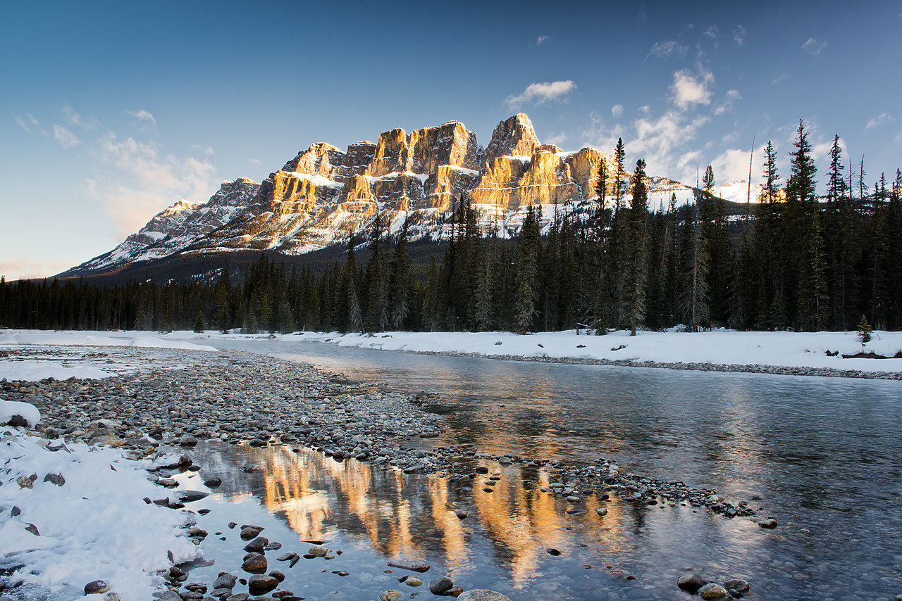 #130086-1 - Castle Mountain Reflecting in Bow River in Winter, Banff National Park, Alberta, Canada