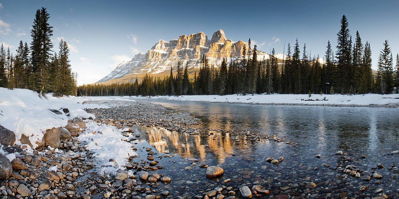 #130086-3 - Castle Mountain Reflecting in Bow River in Winter, Banff National Park, Alberta, Canada