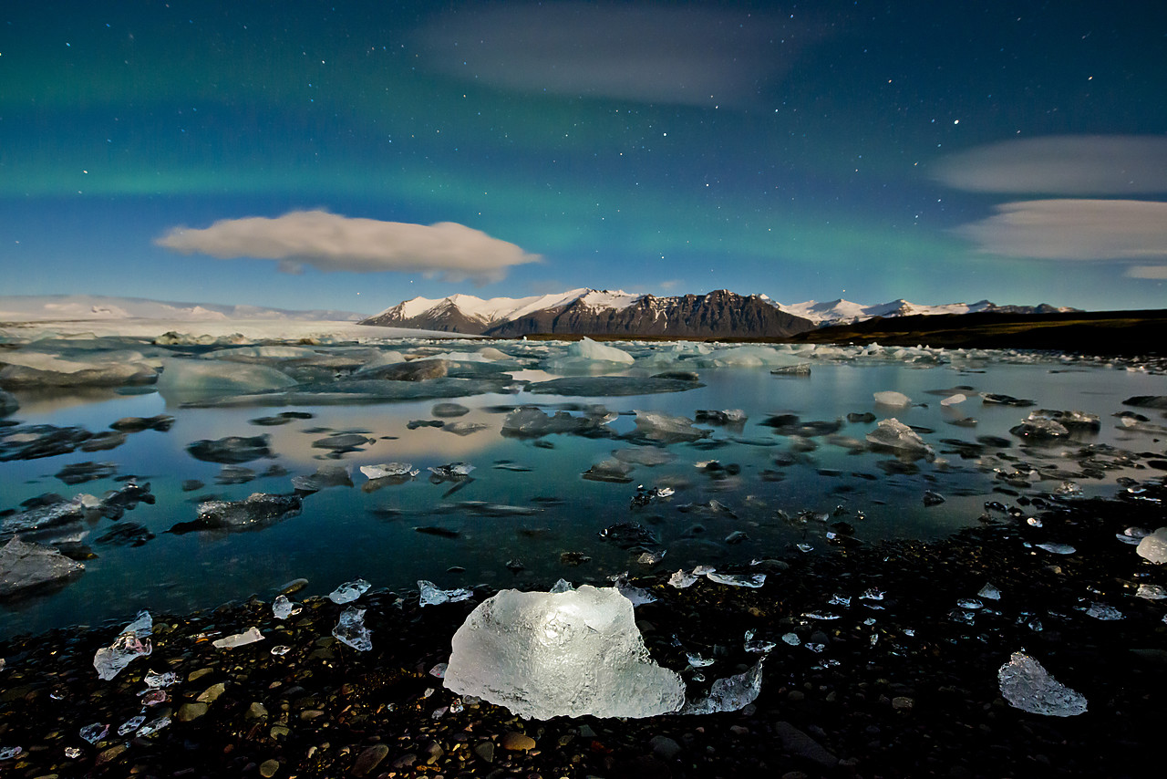 #130105-1 - Northern Lights over Jokulsarlon Iceberg Lagoon, Iceland