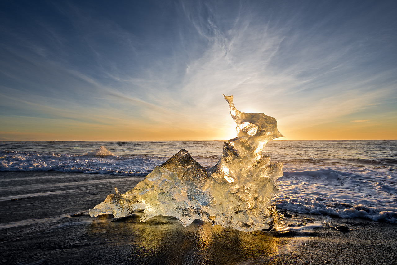 #130109-1 - Ice Sculpture on Jokulsarlon Beach at Sunrise, Iceland