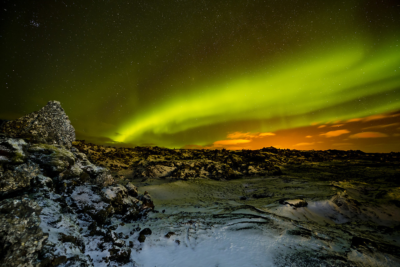 #130122-1 - Northern Lights over Lava Field in Winter, Iceland