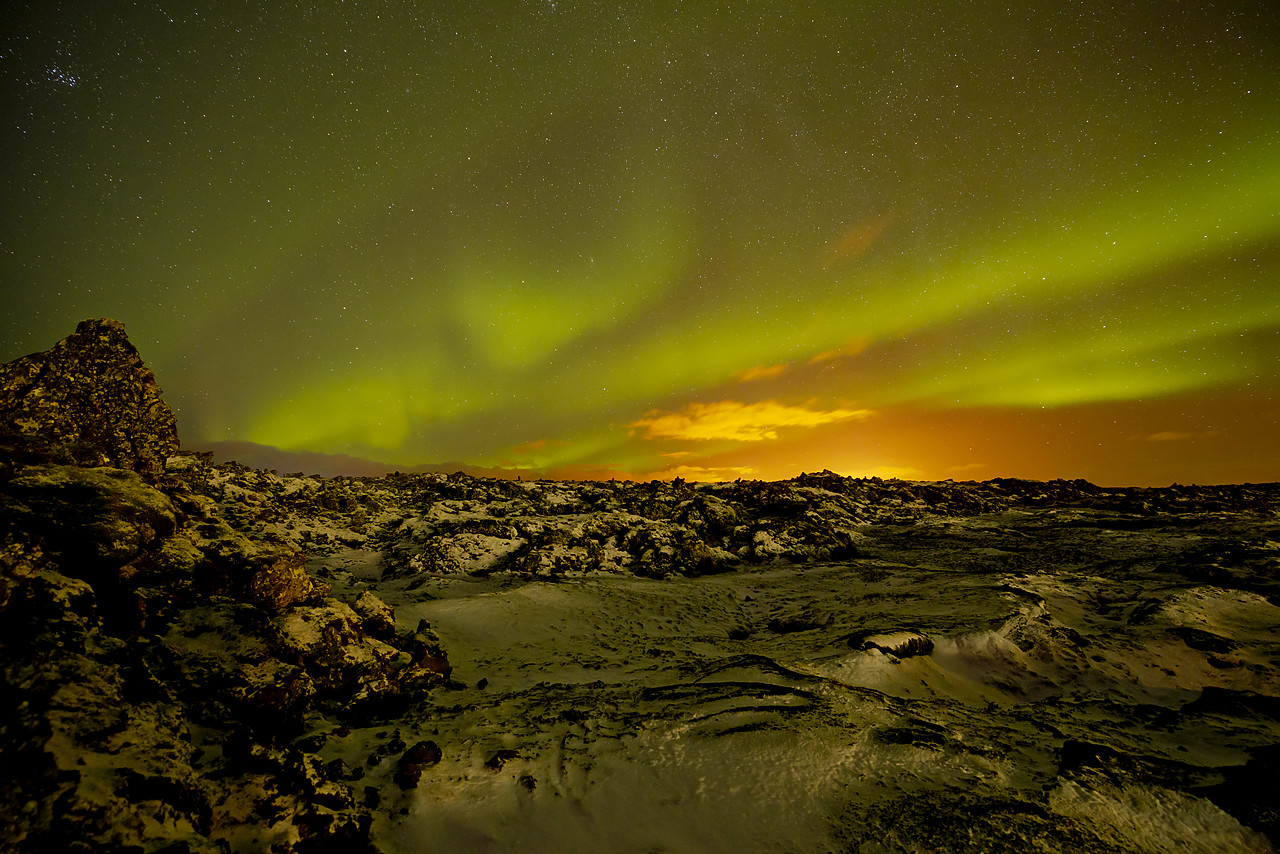 #130123-1 - Northern Lights over Lava Field in Winter, Iceland