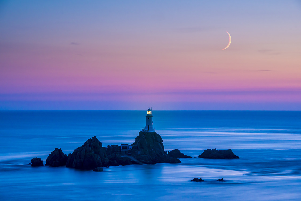 #130215-1 - Moon over Corbiere Lighthouse, Jersey, Channel Islands