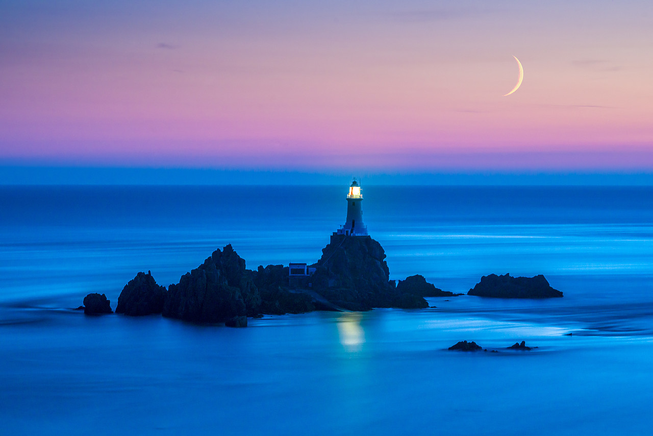 #130215-2 - Moon over Corbiere Lighthouse, Jersey, Channel Islands
