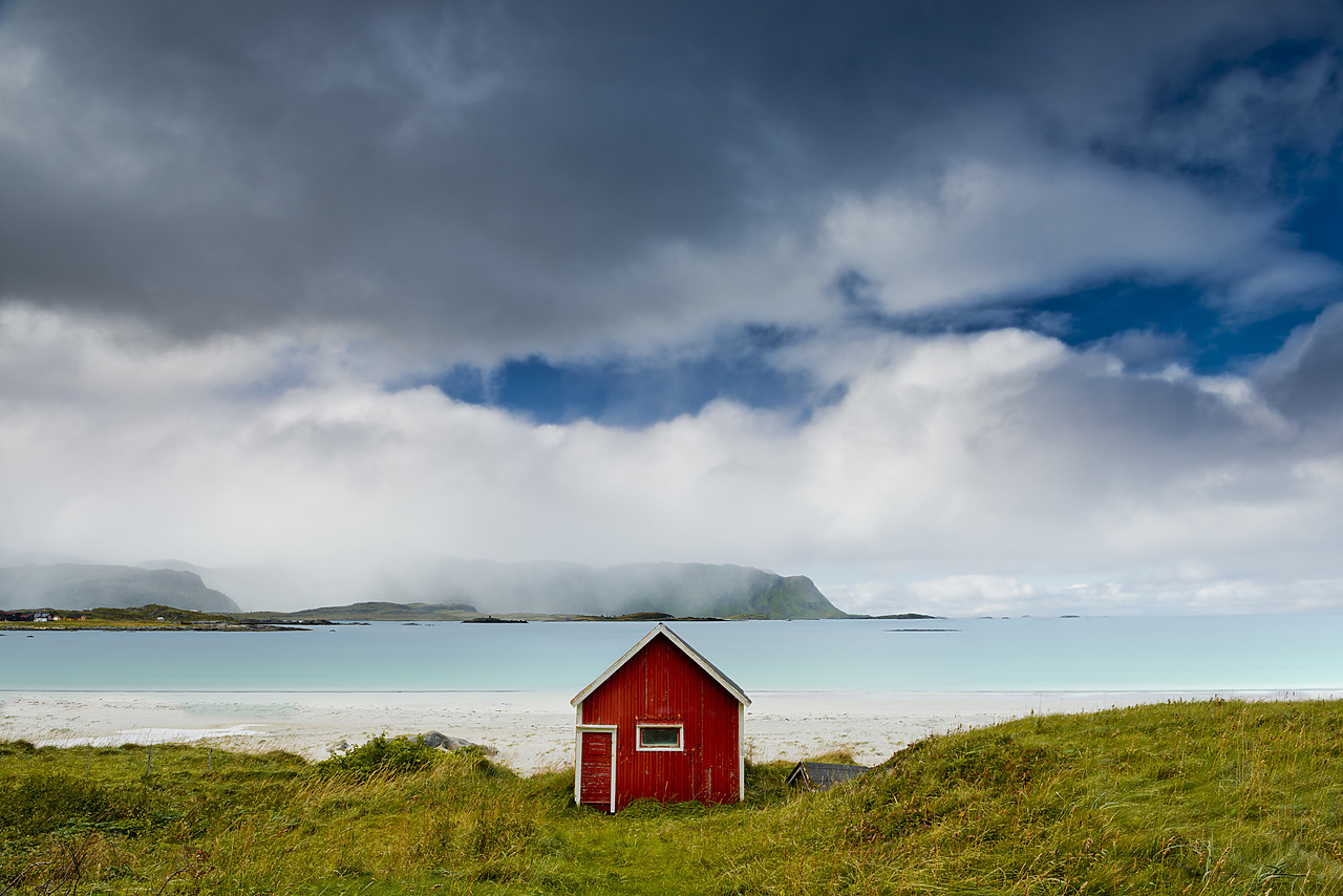 #130312-1 - Red Fishing Hut on Ramberg Beach, Lofoten Islands, Norway