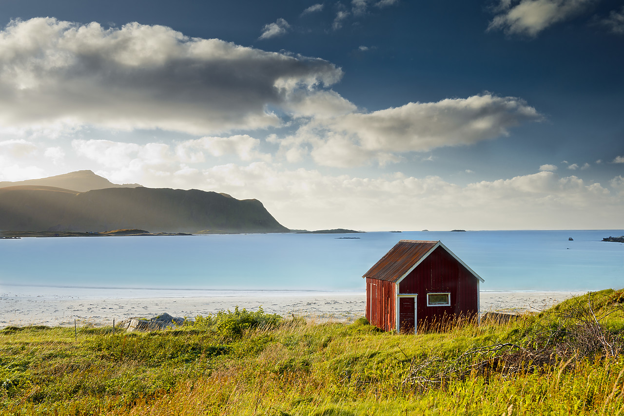 #130313-1 - Red Fishing Hut on Ramberg Beach, Lofoten Islands, Norway