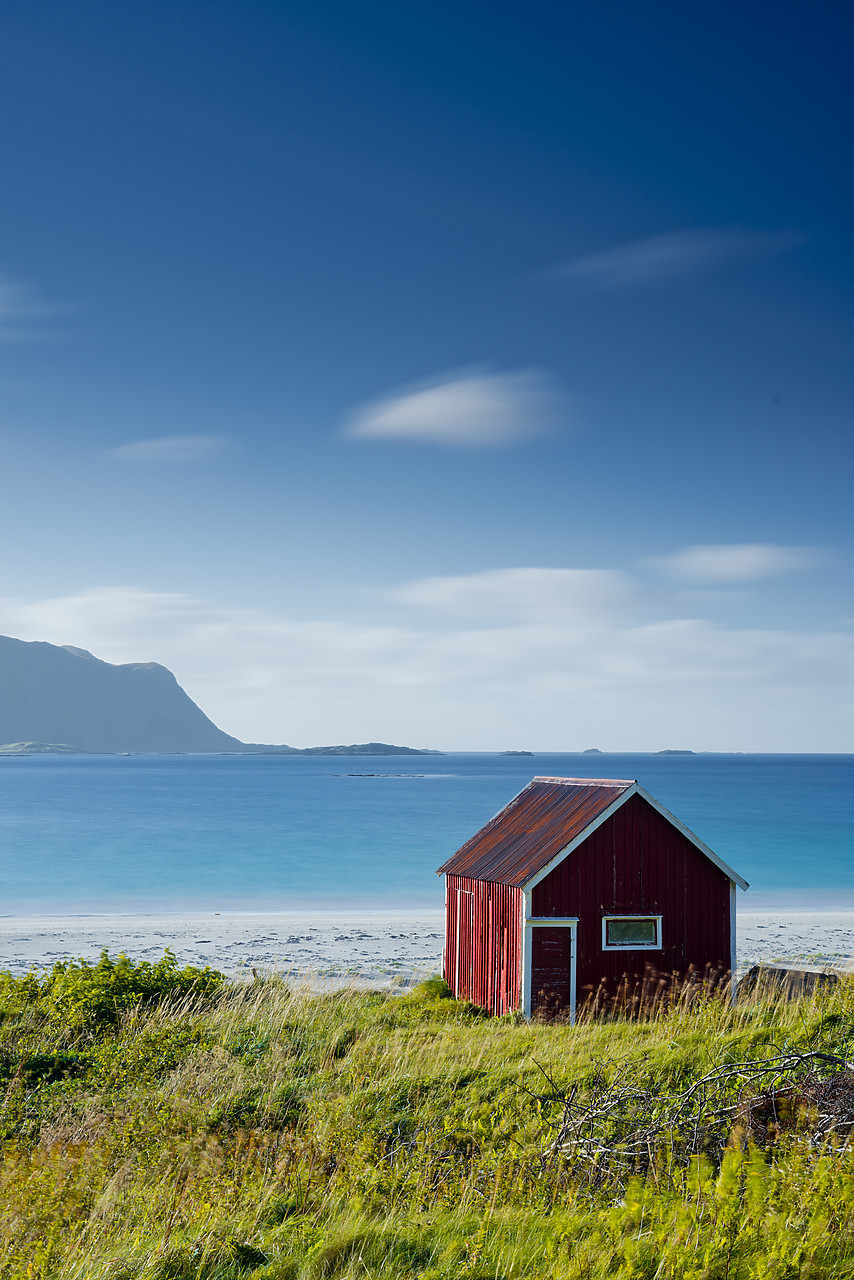 #130314-1 - Red Fishing Hut on Ramberg Beach, Lofoten Islands, Norway