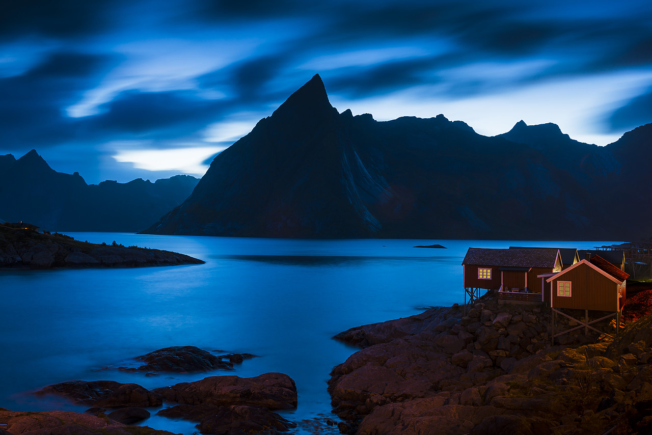 #130319-1 - Fishing Hut Overlooking Reinefiorden at Night, Hamnoy, Lofoten Islands, Norway