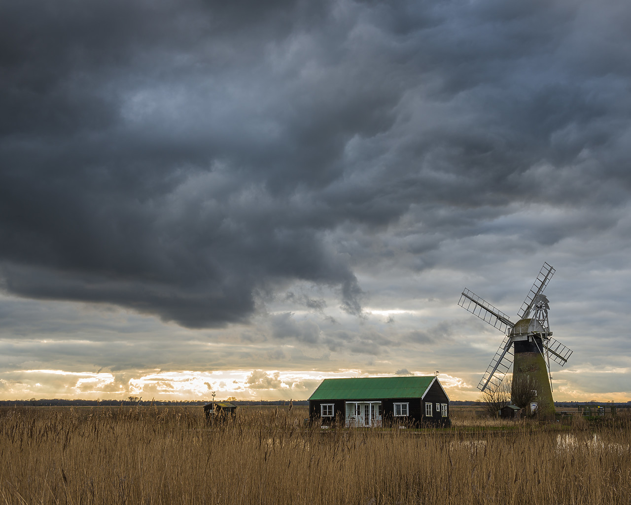 #140056-1 - Storm over Cottage & St. Benet's Windmill, Thurne, Norfolk Broads National Park, Norfolk, England