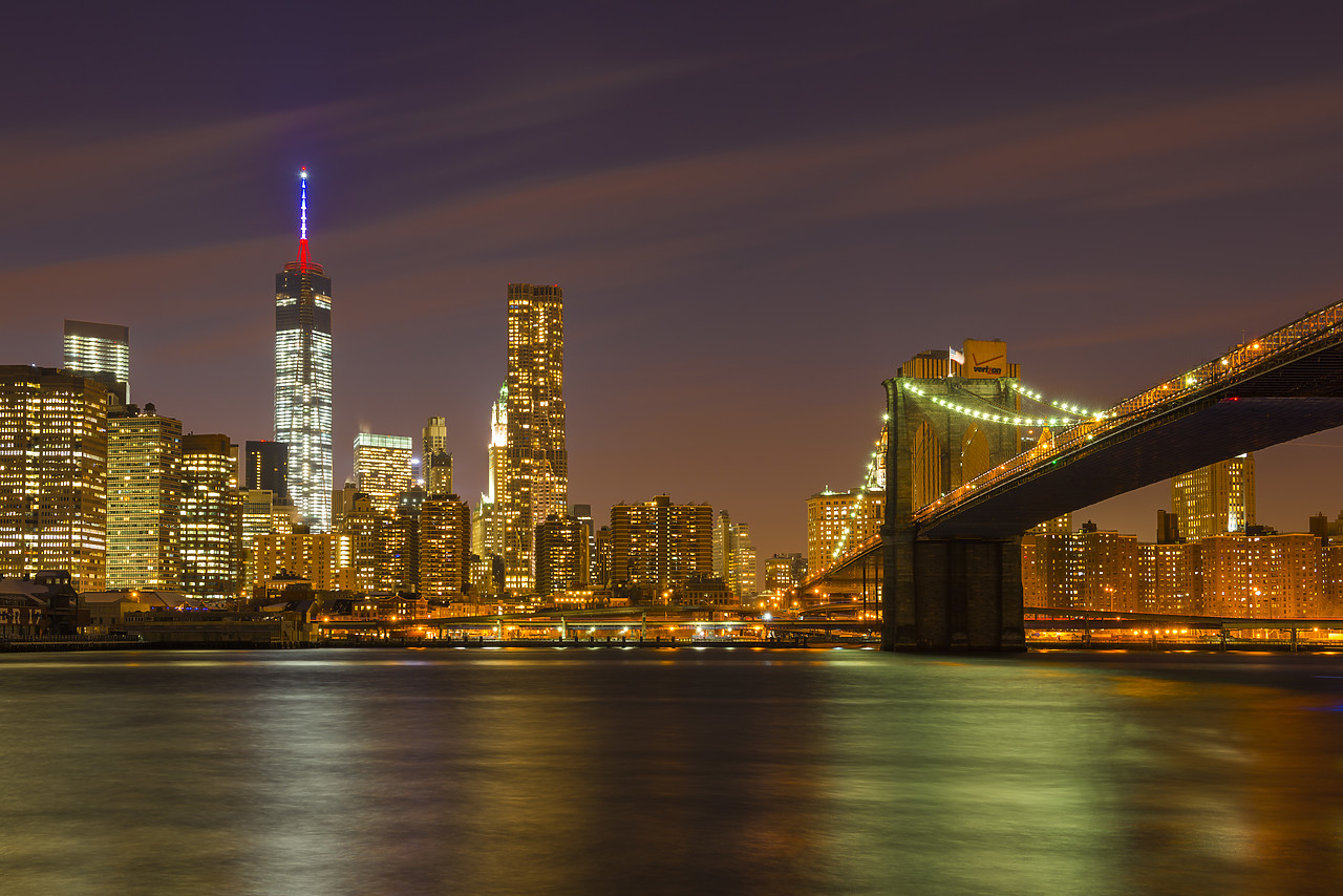 #140072-1 - Brooklyn Bridge & Freedom Tower at Night, New York, NY, USA