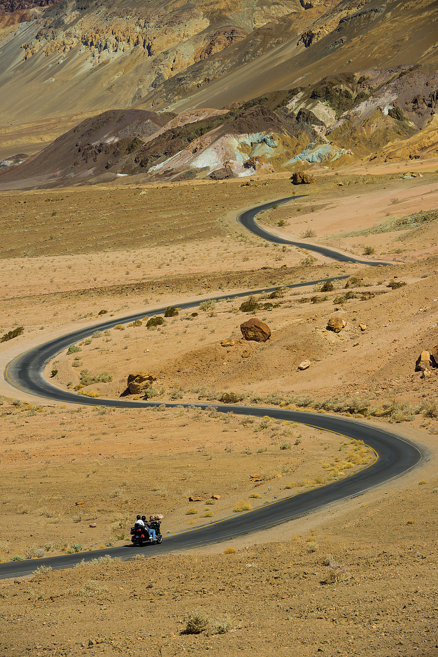 #140125-1 - Motorbike on Winding Road, Death Valley National Park, California, USA
