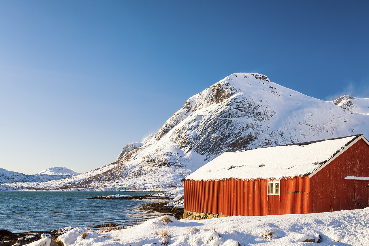 #150157-1 - Red Boathouse Overlooking Flakstadpollen, Lofoten Islands, Norway