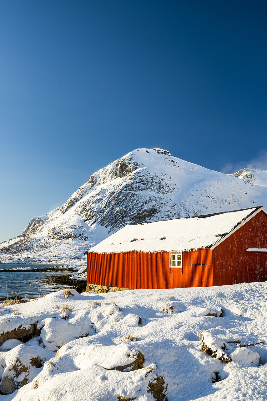 #150157-2 - Red Boathouse Overlooking Flakstadpollen, Lofoten Islands, Norway