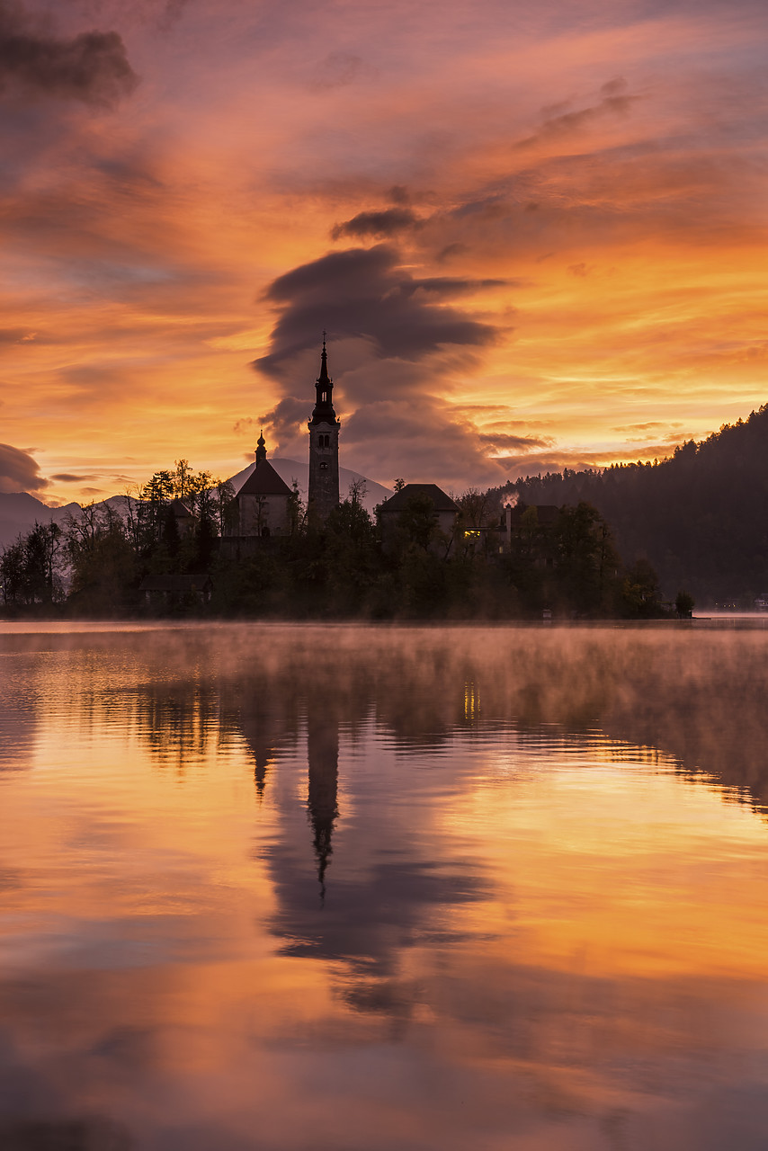 #150502-2 - Lake Bled at Sunrise with Assumption of Mary's Pilgrimage Church, Slovenia, Europe
