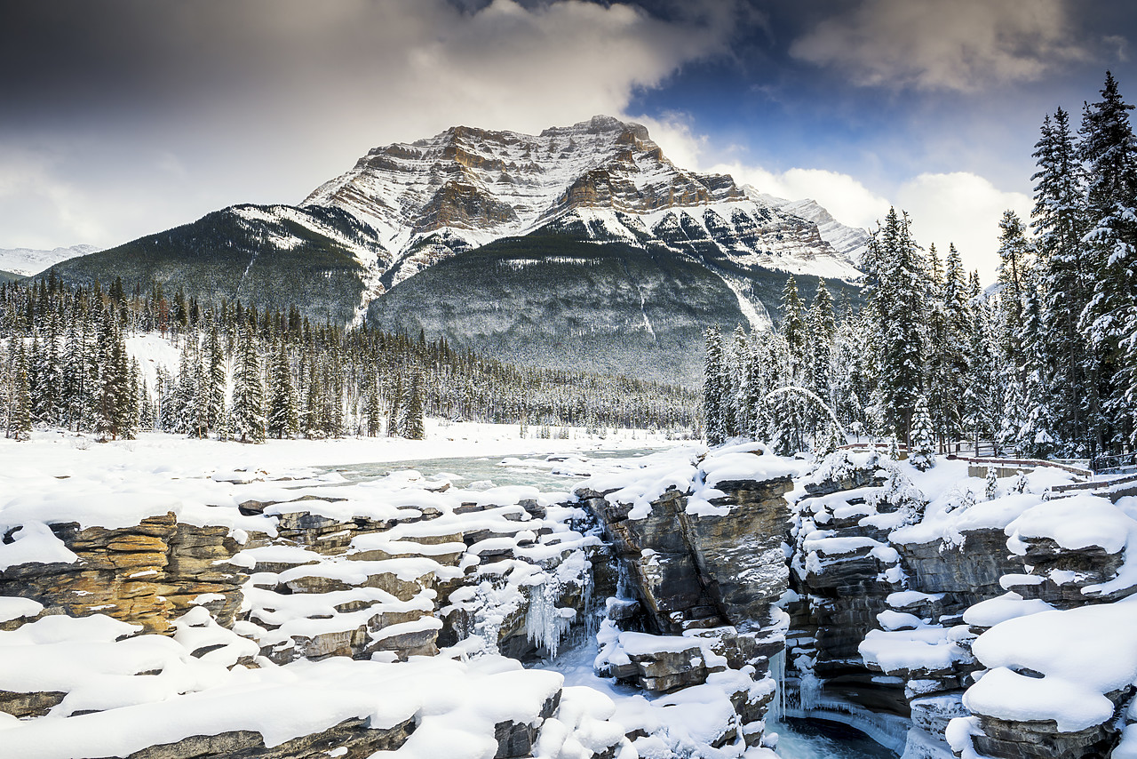 #150578-1 - Mt. Kerkeslin & Athabasca Falls in Winter, Jasper National Park, Alberta, Canada