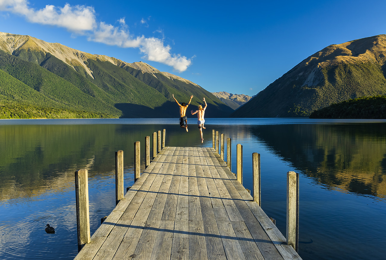 #160171-1 - Men Jumping off Jetty, Lake Rotoiti, New Zealand